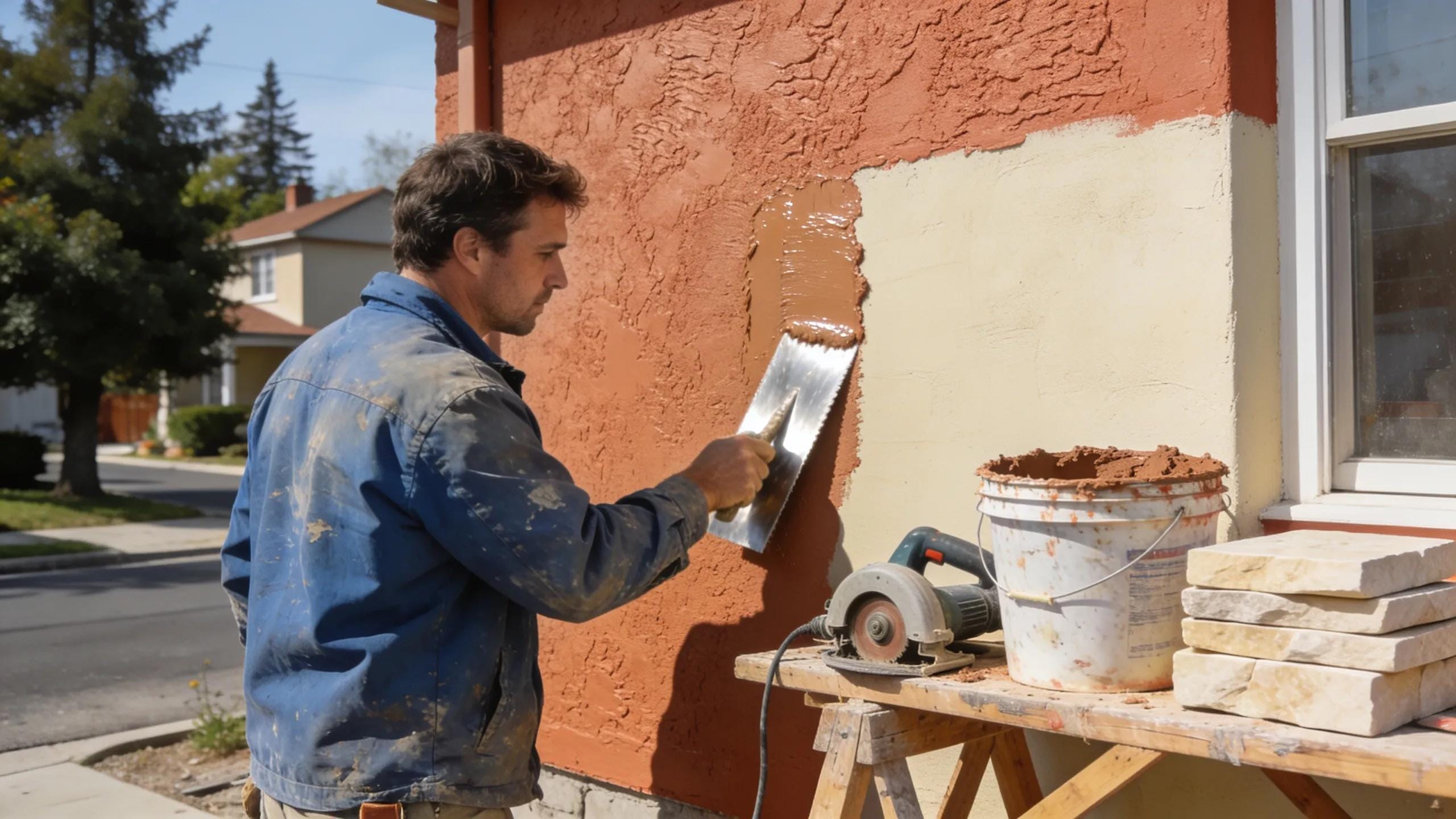 Artisan performing ravalement de fa&ccedil;ade on a residential building in Flers
