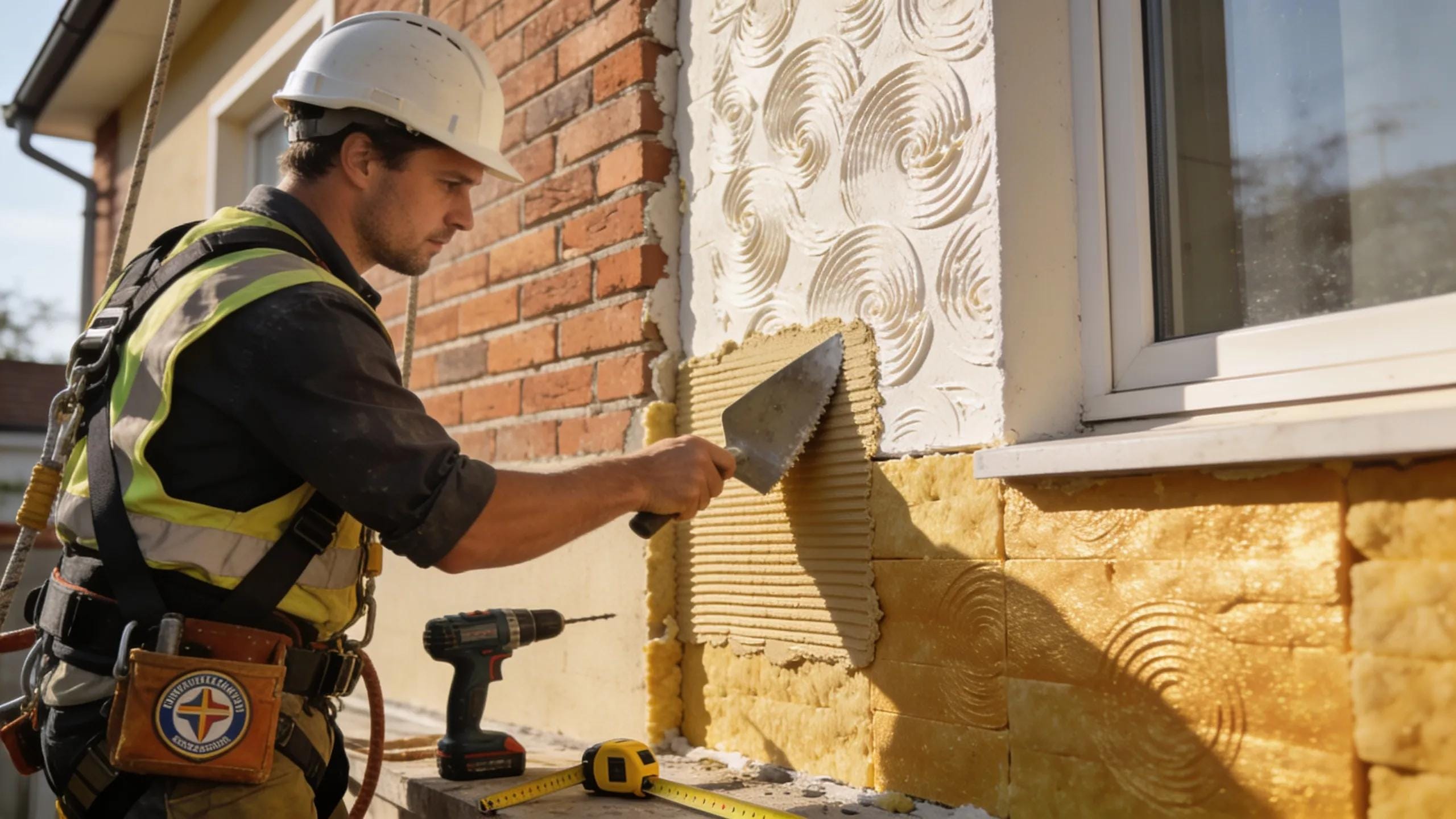 Contractor performing fa&ccedil;ade renovation work emphasizing energy efficiency and insulation