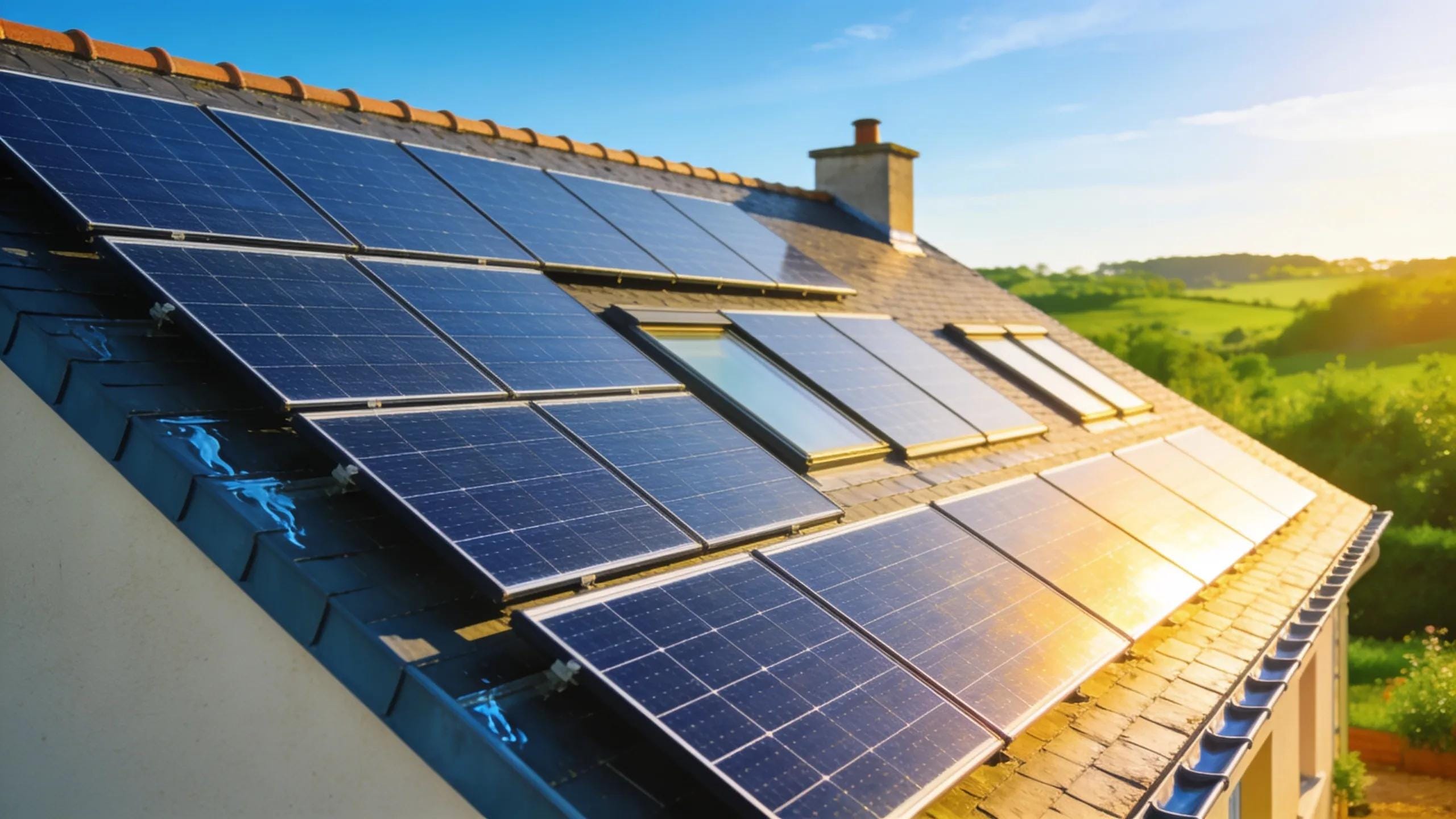 Rooftop view of a home in Vire Normandie with solar panels and green scenery
