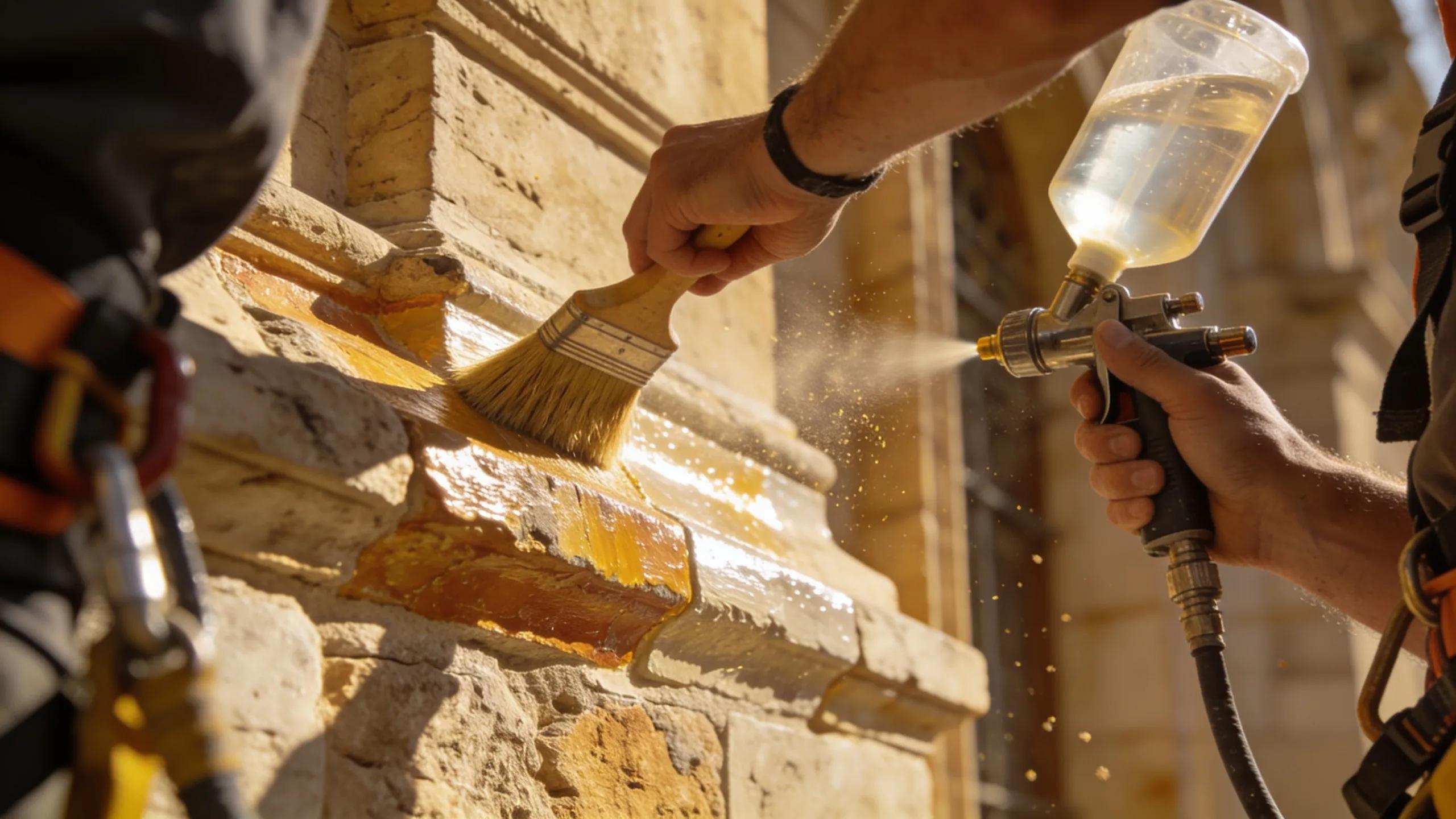 Professionals restoring building façade with protective coatings and cleaning methods