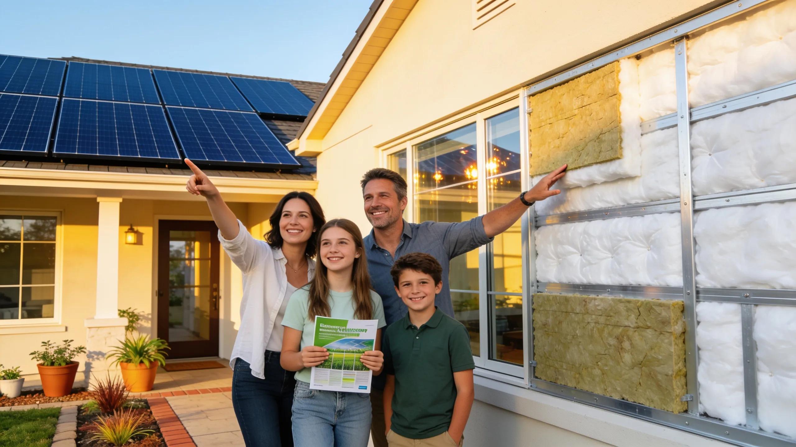 Happy family in front of an energy-efficient home, showcasing renovation benefits