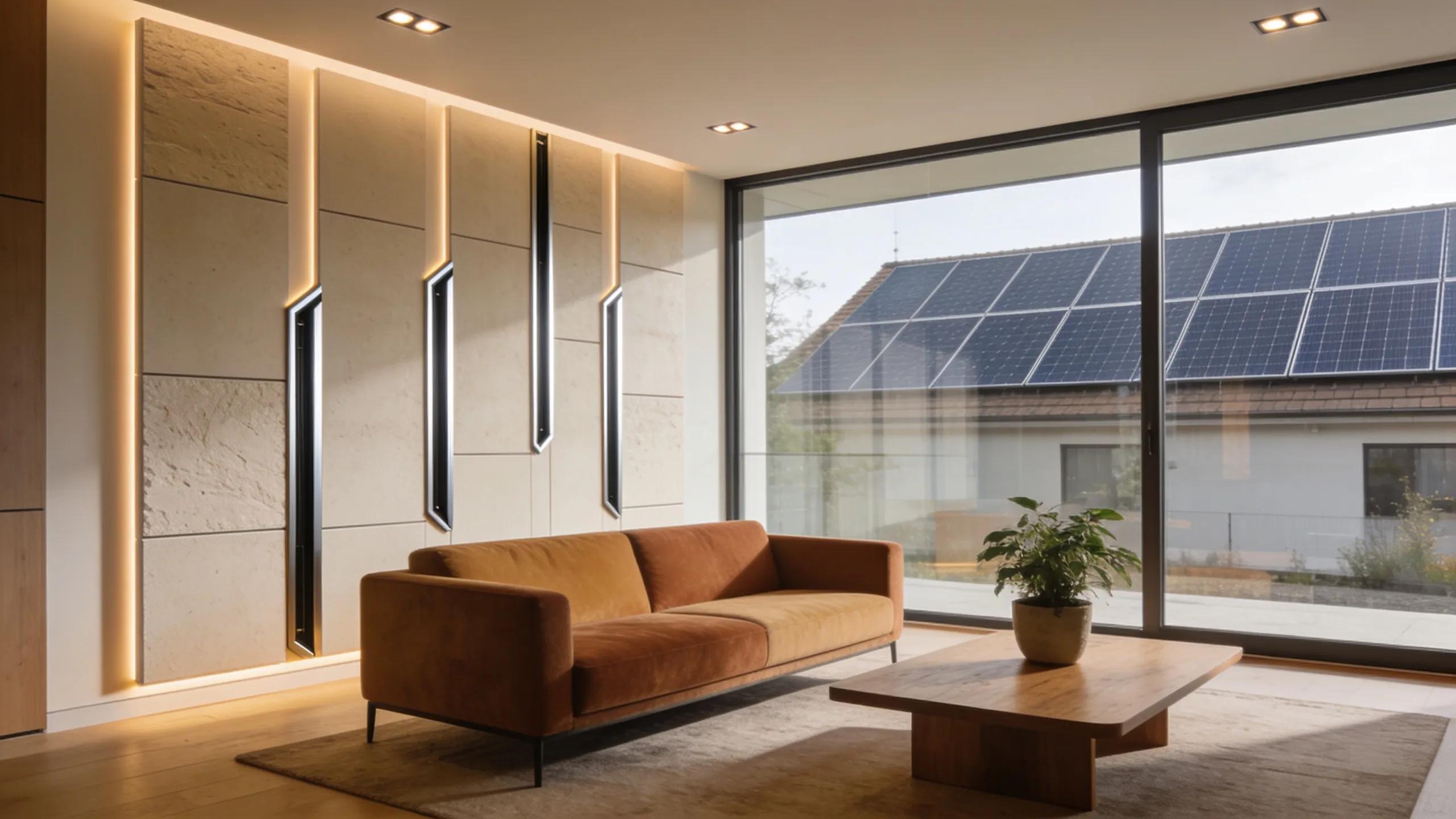 Salon chaleureux avec lumière naturelle illustrant des caractéristiques énergétiques efficaces et une isolation thermique moderne