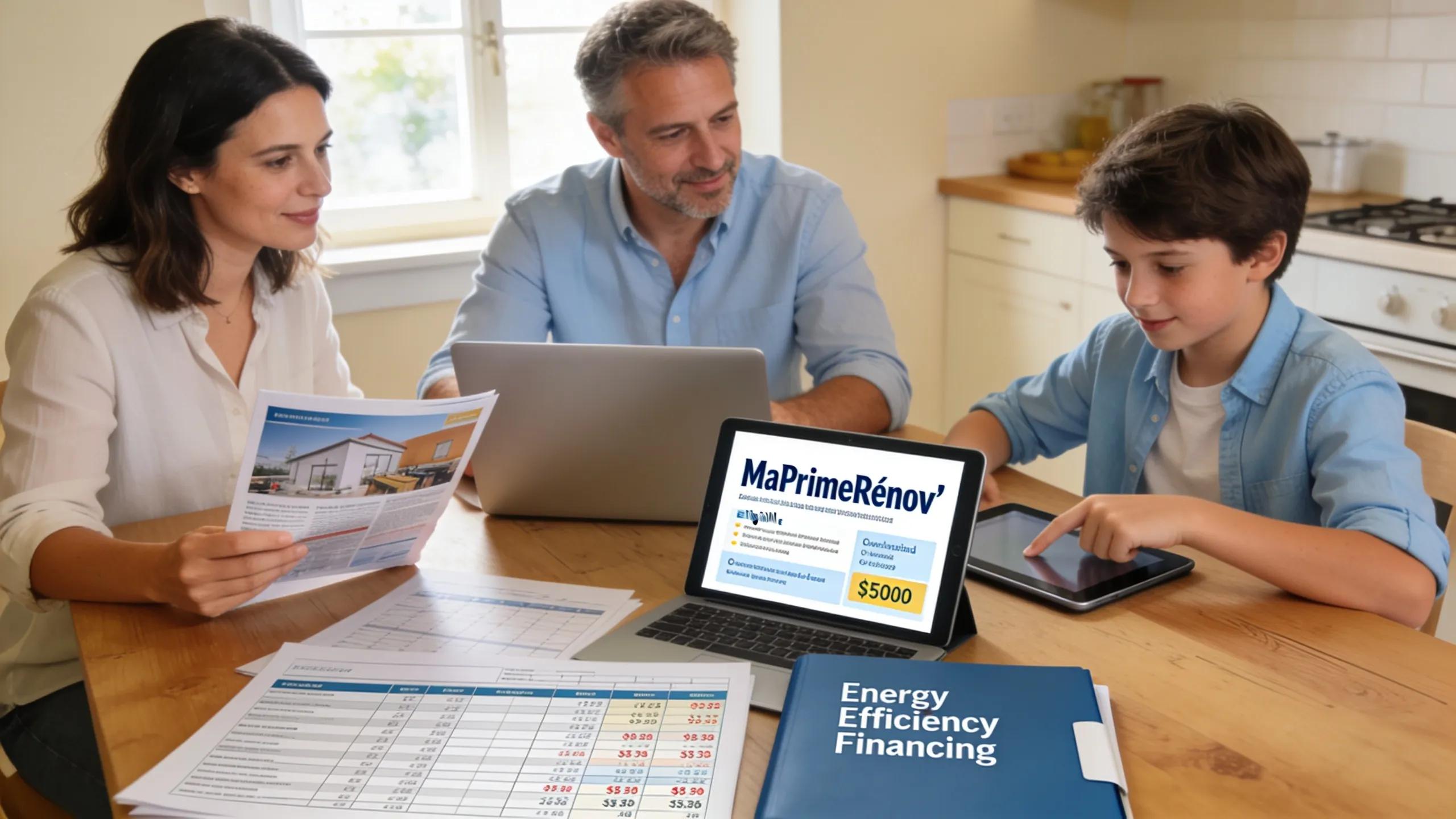 Family reviewing financial options for energy-efficient home renovations including MaPrimeR&eacute;nov'