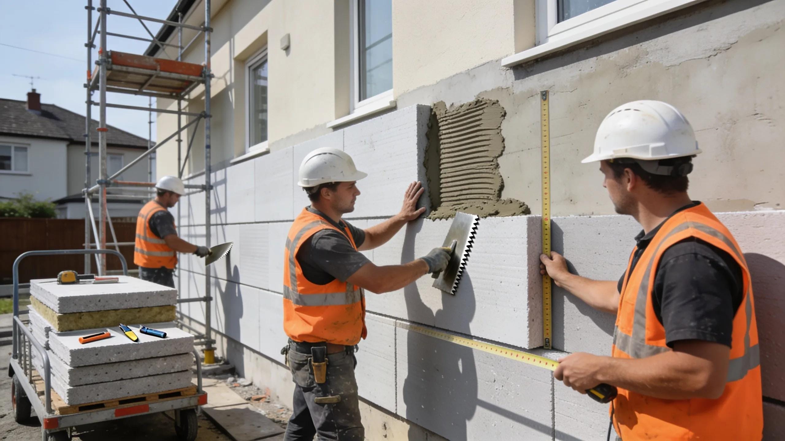 Workers applying exterior thermal insulation on a residential building illustrating the insulation process