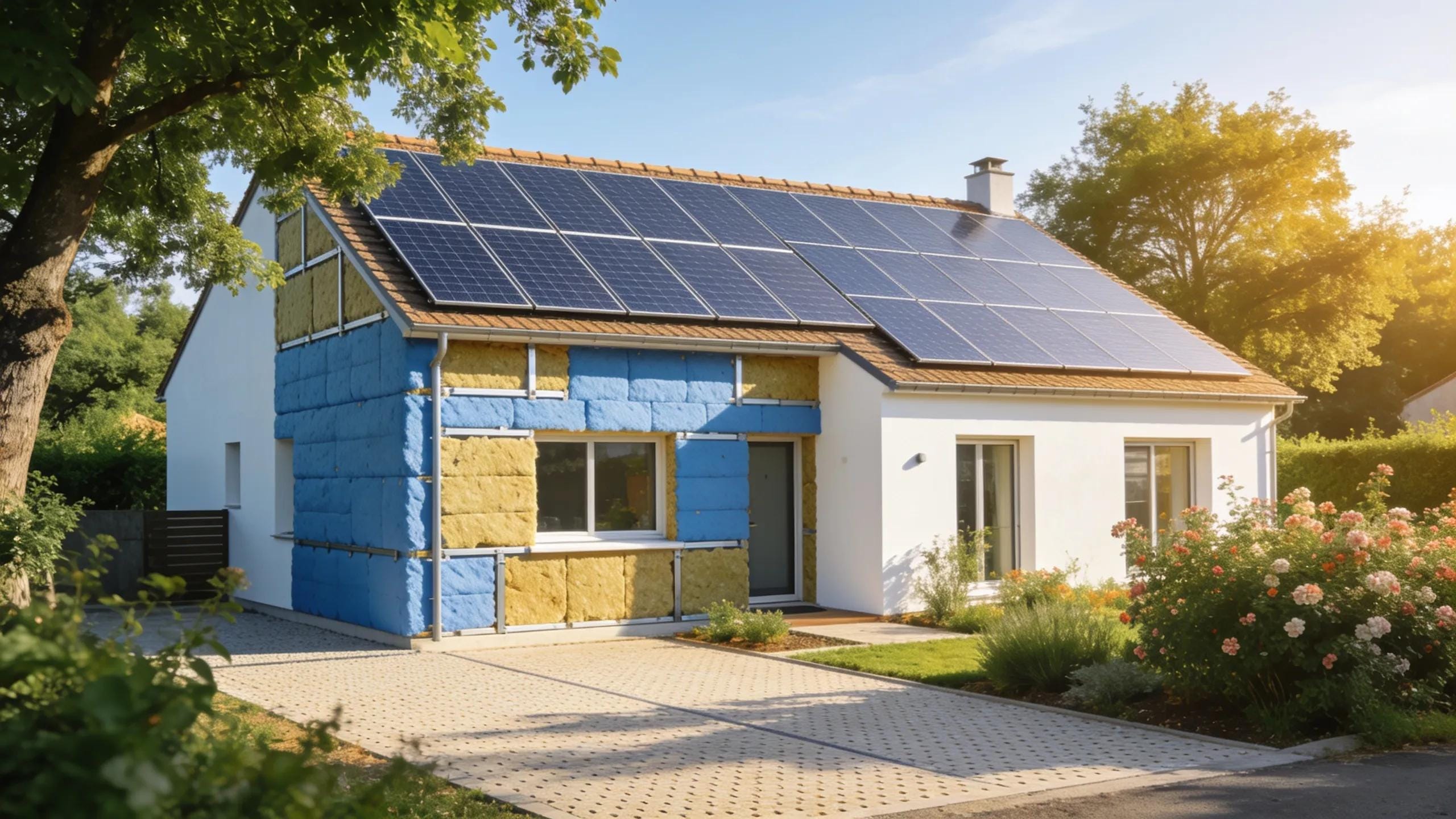 Modern home renovation focusing on energy efficiency with solar panels and insulation