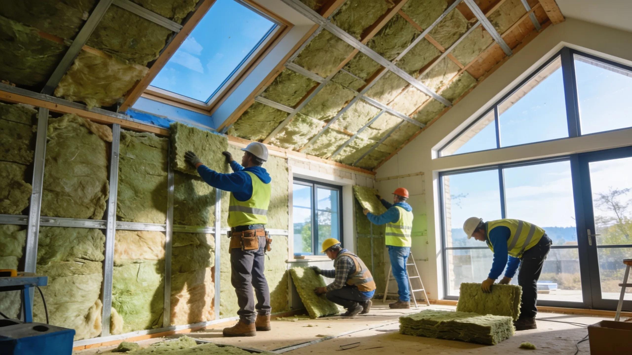Home undergoing energy renovation with insulation installation, highlighting energy efficiency and comfort
