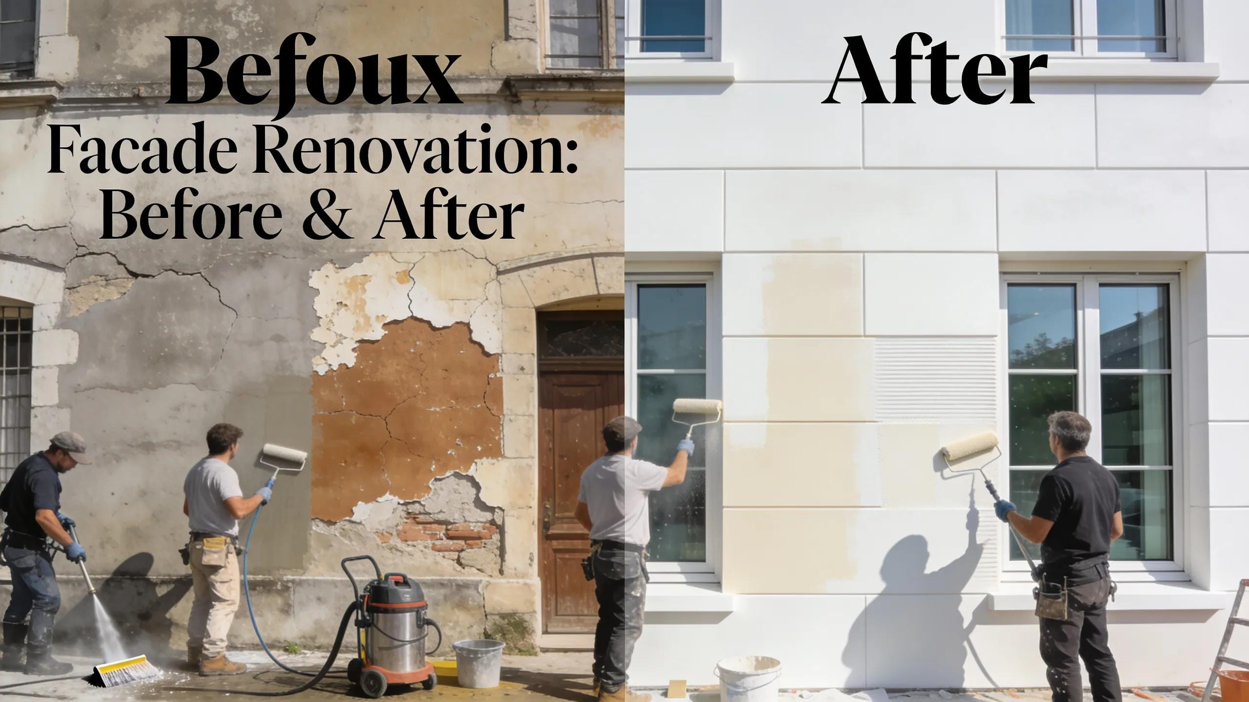 Workers renovating a building facade in Bayeux, highlighting improvements in thermal performance and appearance