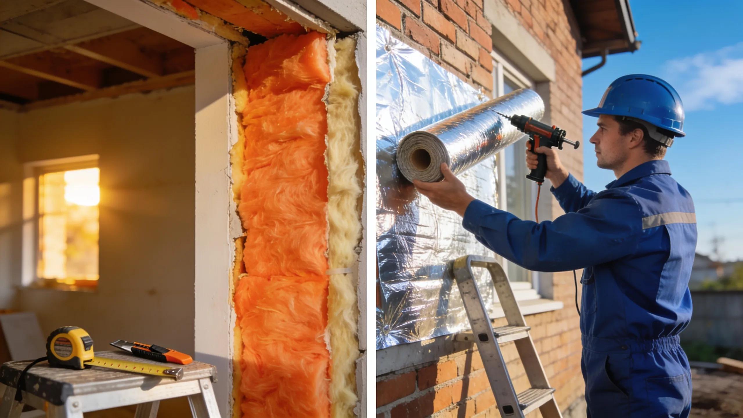 Installation of thermal insulation materials showing energy-saving benefits for homeowners