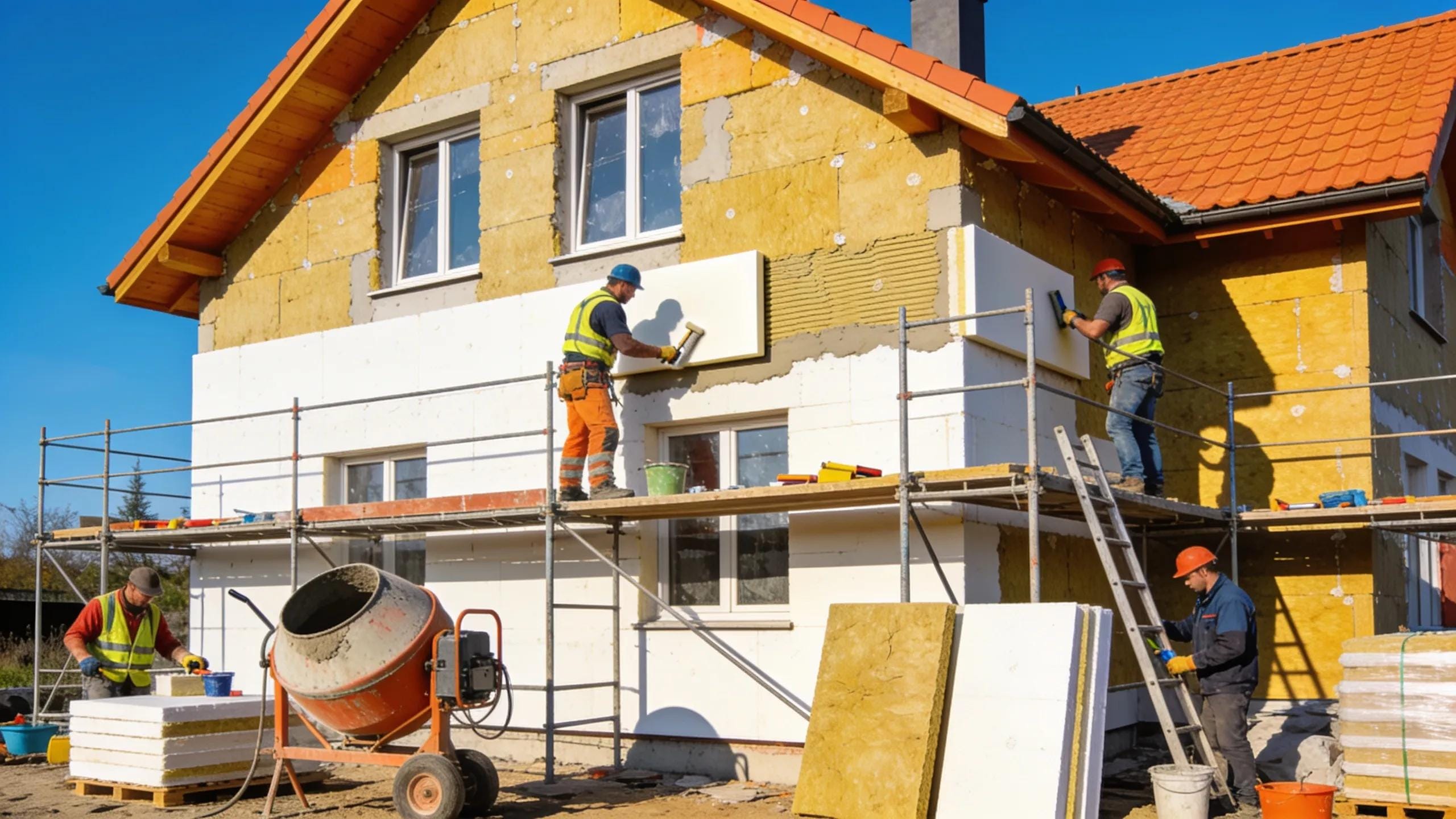 House undergoing energy renovation with external thermal insulation, showcasing renovation themes and energy efficiency