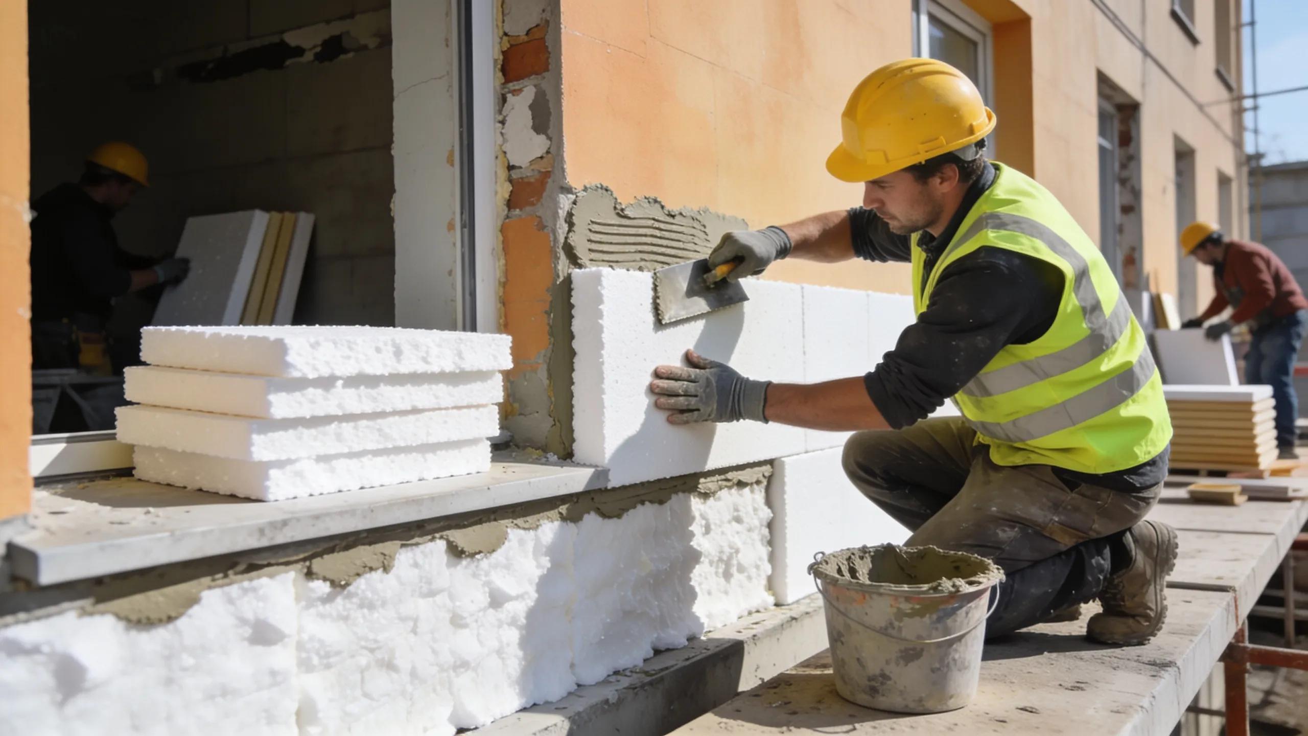 Construction worker installing external thermal insulation on a building, emphasizing energy efficiency