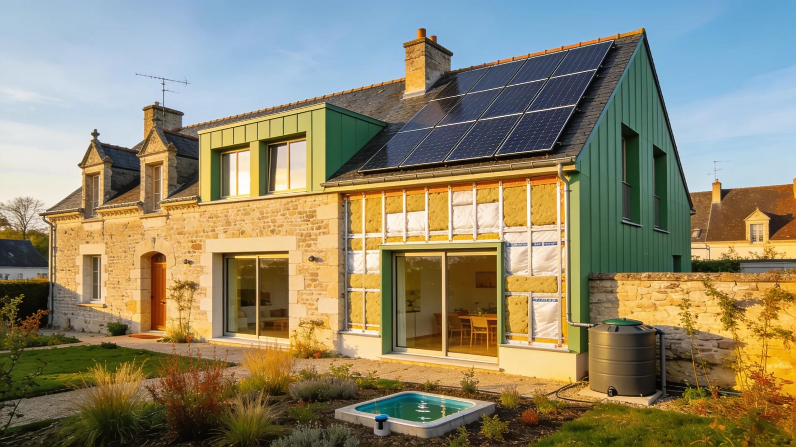 Renovated home in Bayeux showcasing energy-efficient features like modern insulation and solar panels