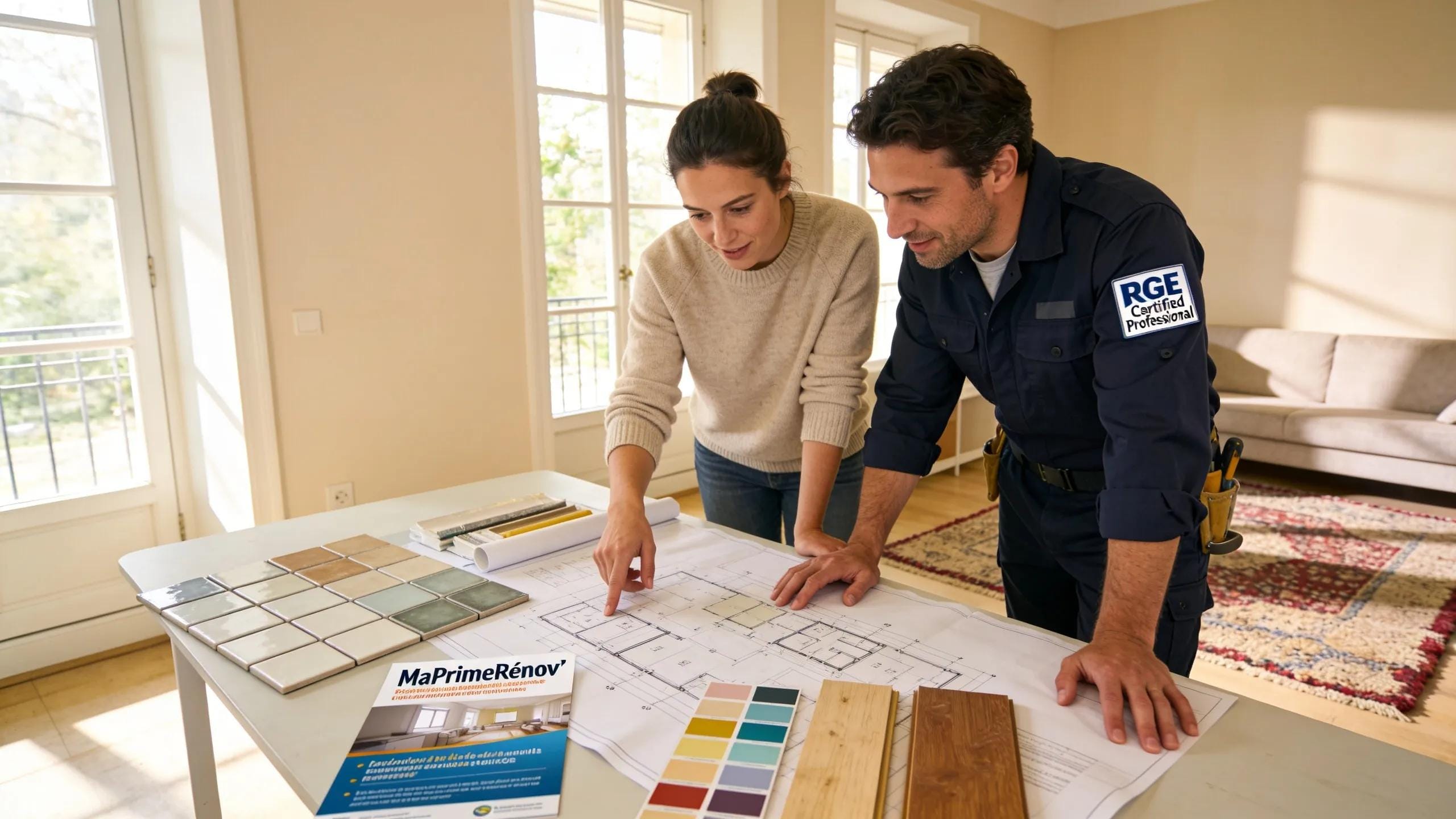 Homeowner consulting with a contractor on renovation options and financial aid for energy efficiency