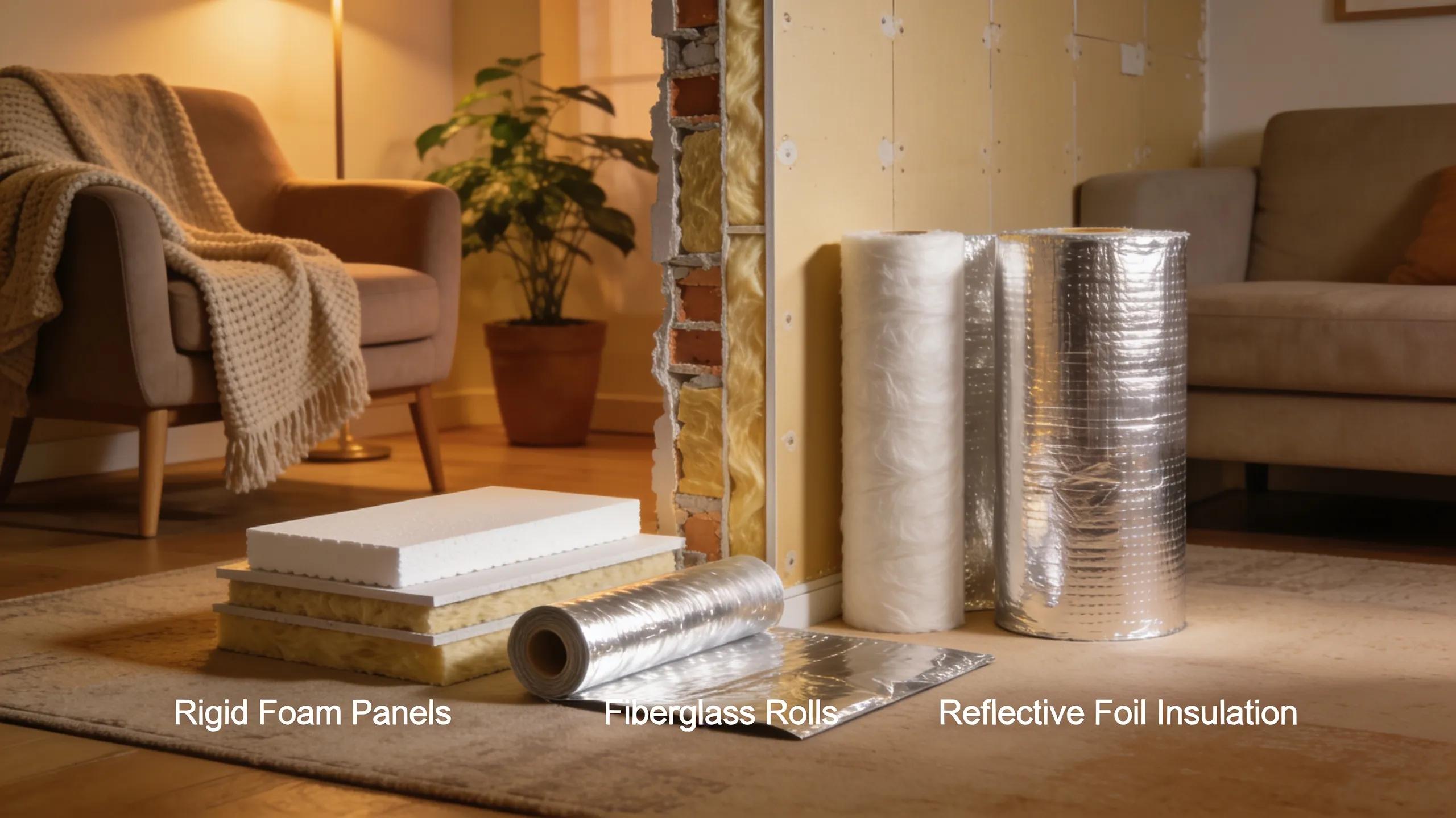 Different thermal insulation materials for energy efficiency in a home setting, showcasing effective solutions
