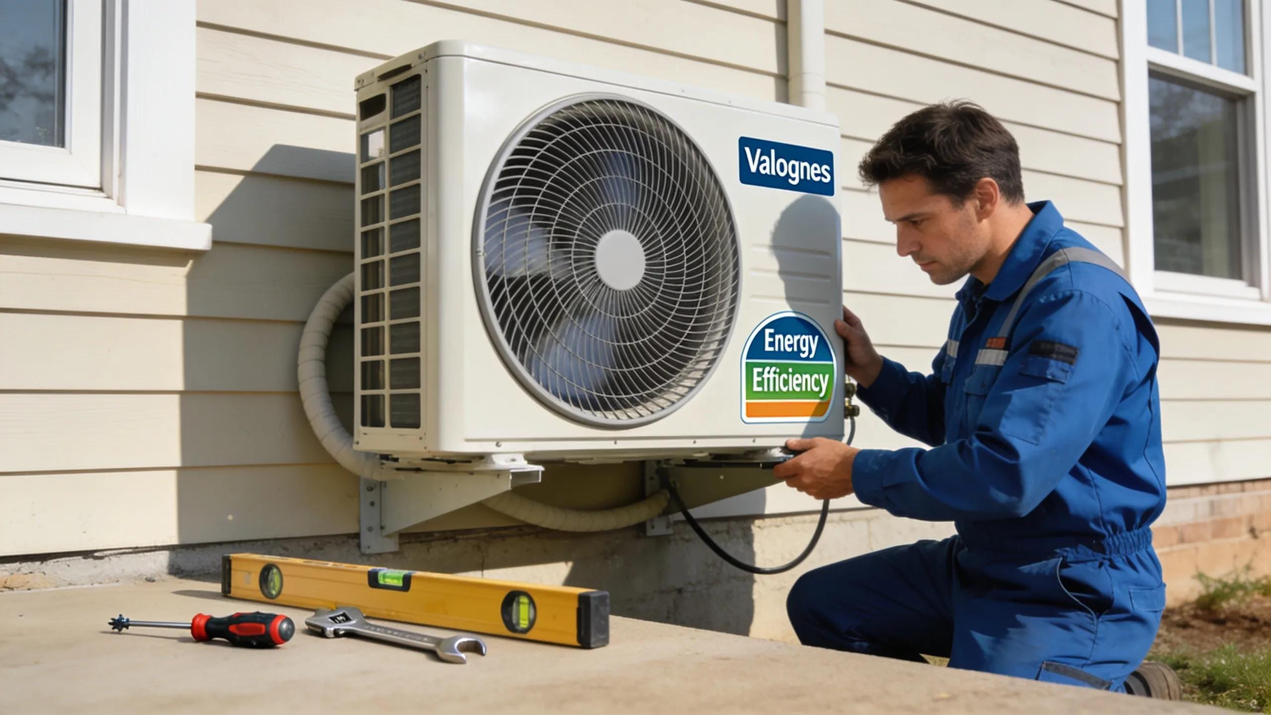 Technician installing heat pump system on a Valognes home, showcasing energy-efficient solutions