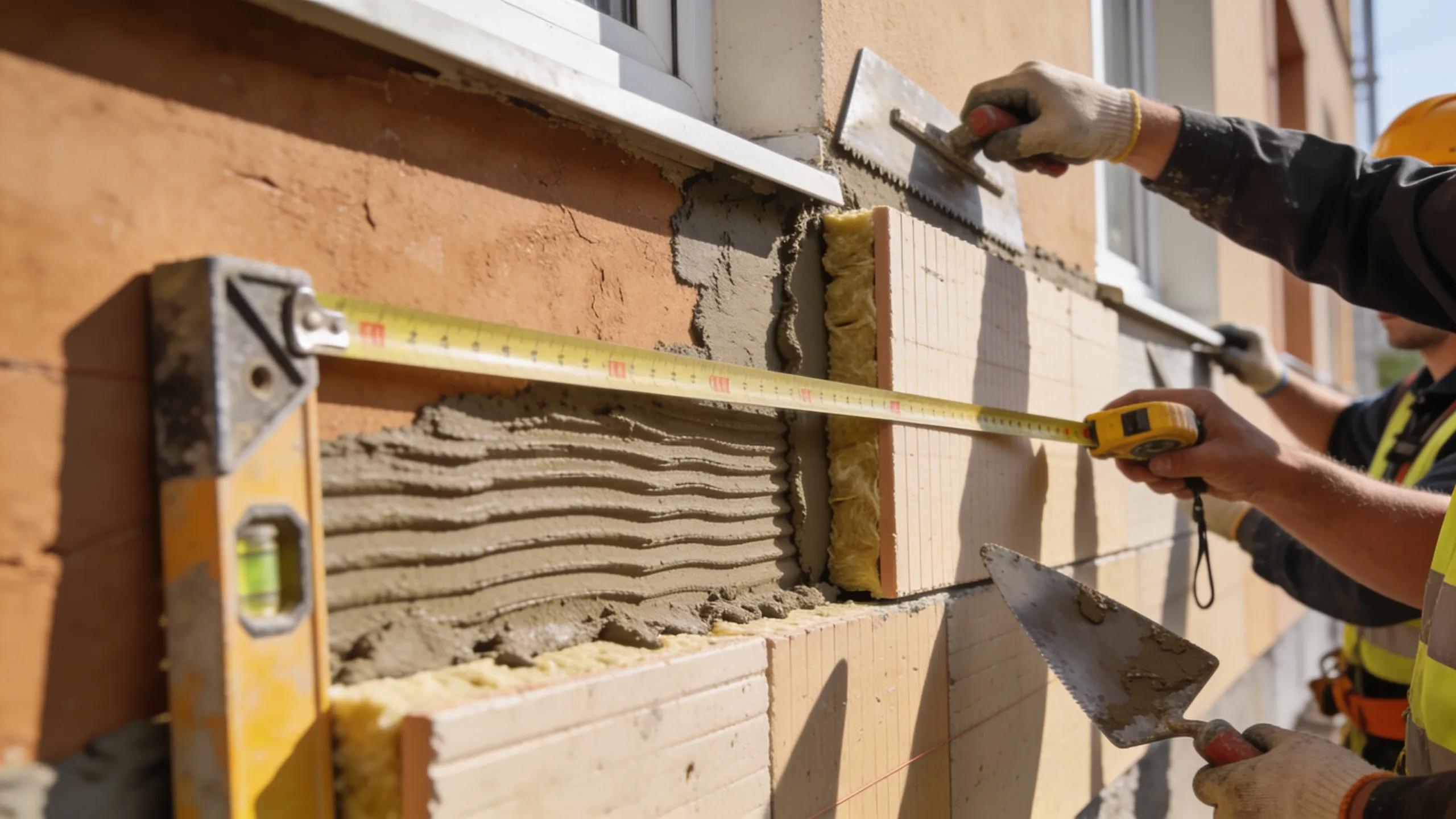 Workers installing exterior thermal insulation on a building for energy efficiency