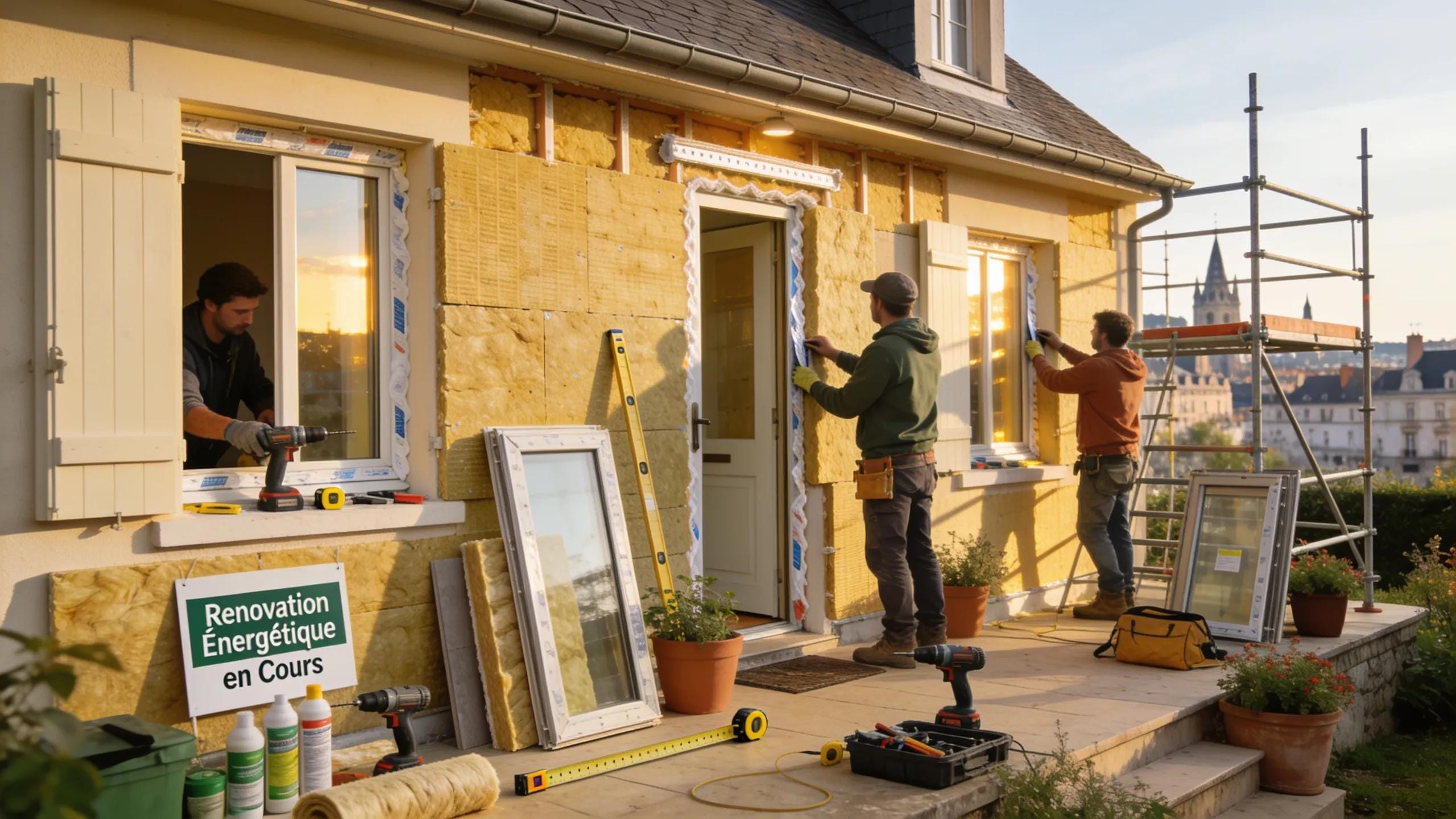 Home renovation scene in Caen focused on energy efficiency with workers and tools
