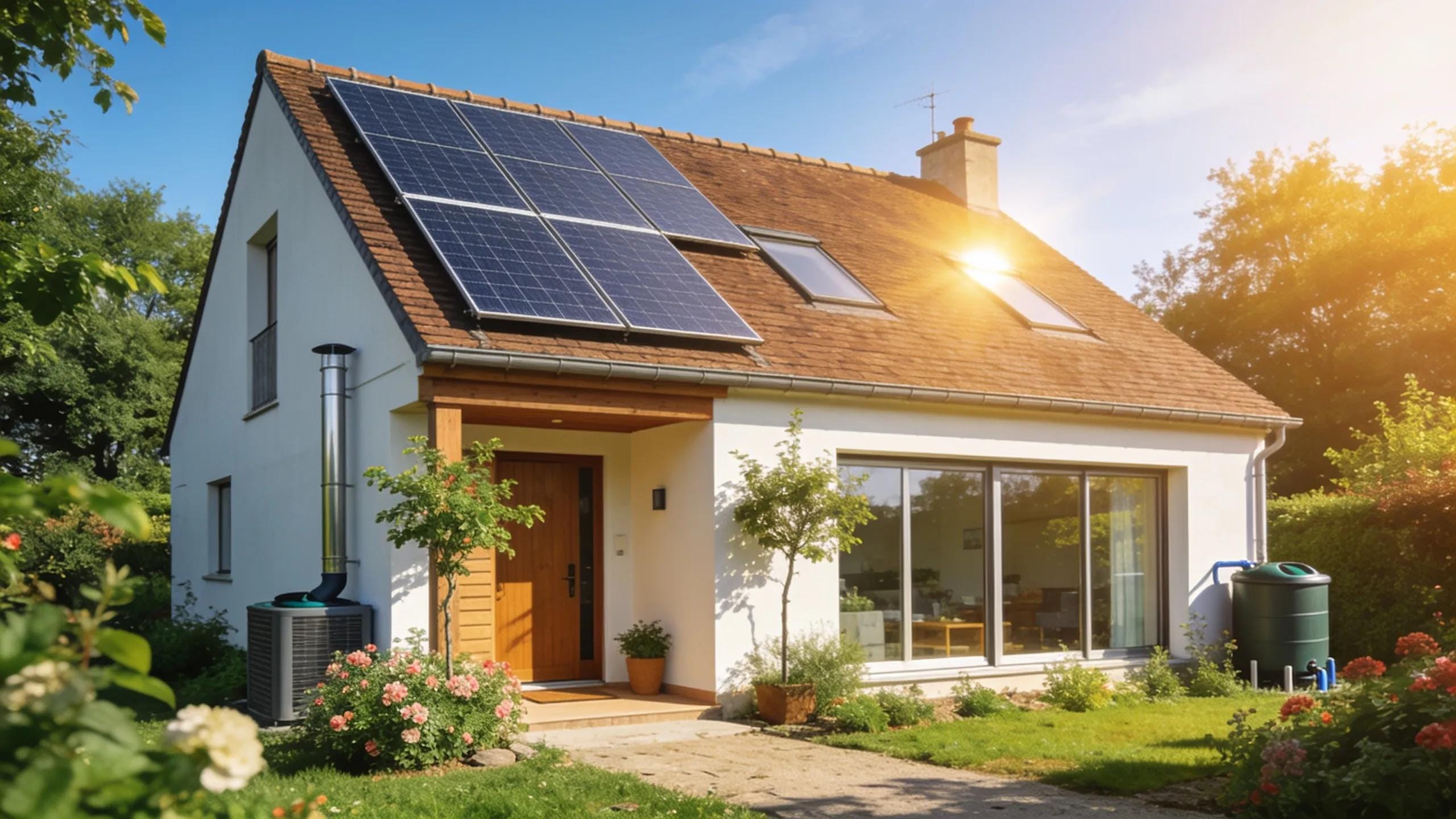 Eco-friendly renovated home in Vire Normandie with solar panels and greenery
