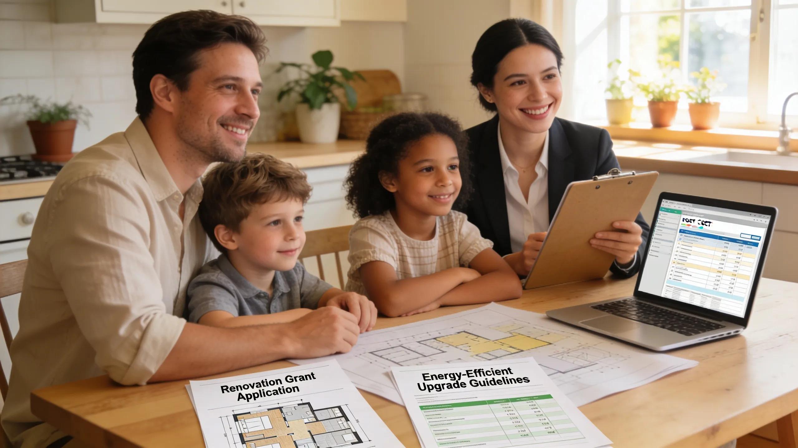 Family discussing renovation plans and financial assistance for energy efficiency at home