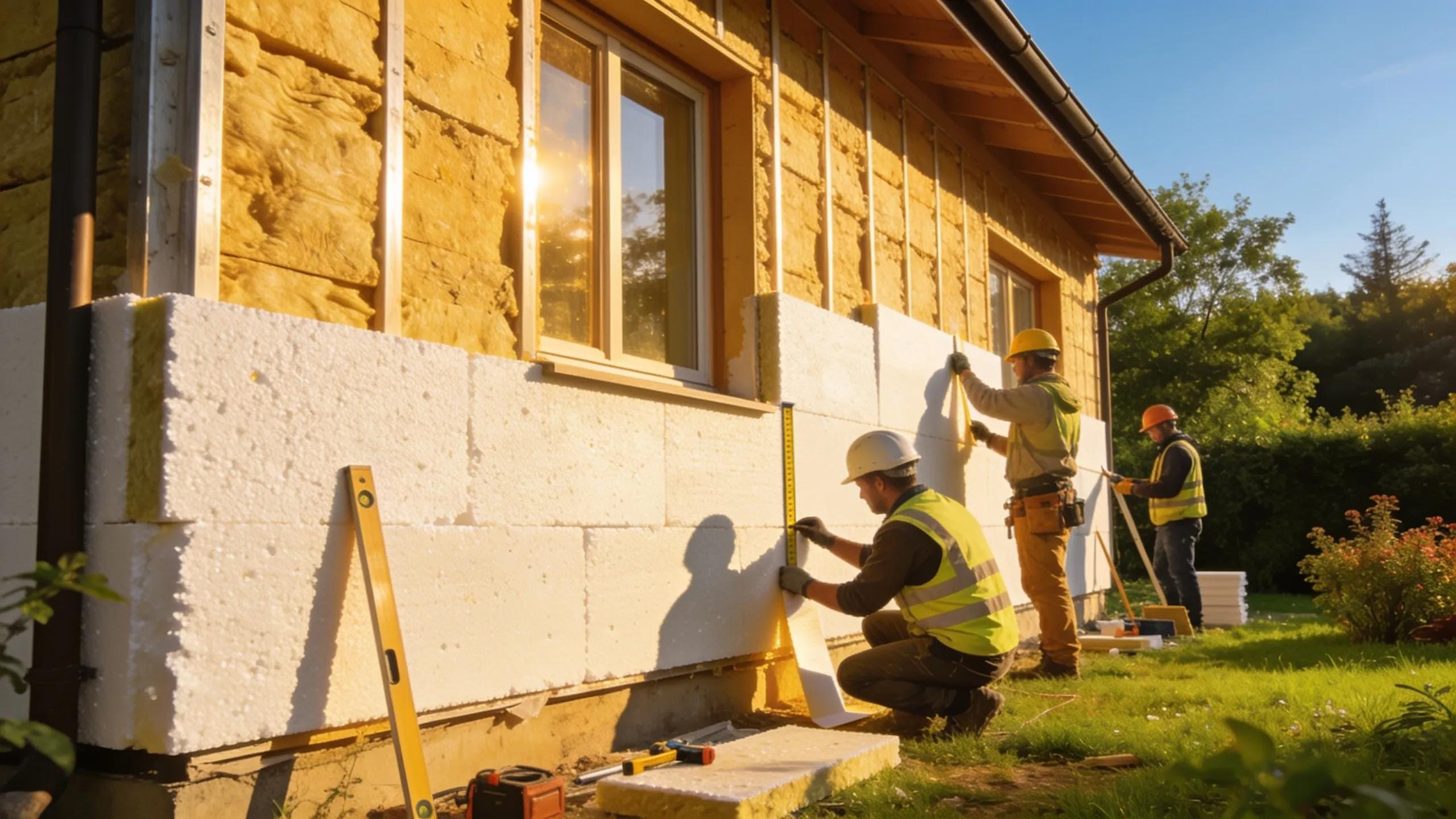 Ouvriers appliquant une isolation thermique par l’extérieur sur une maison, illustrant les améliorations énergétiques