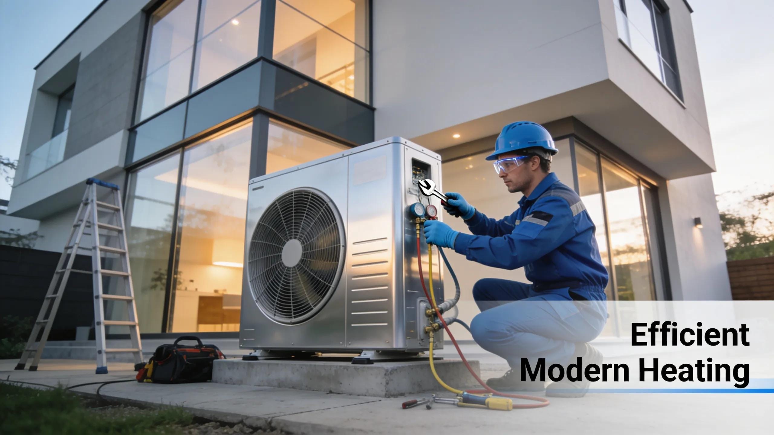Installation of a heat pump by a technician in a modern home