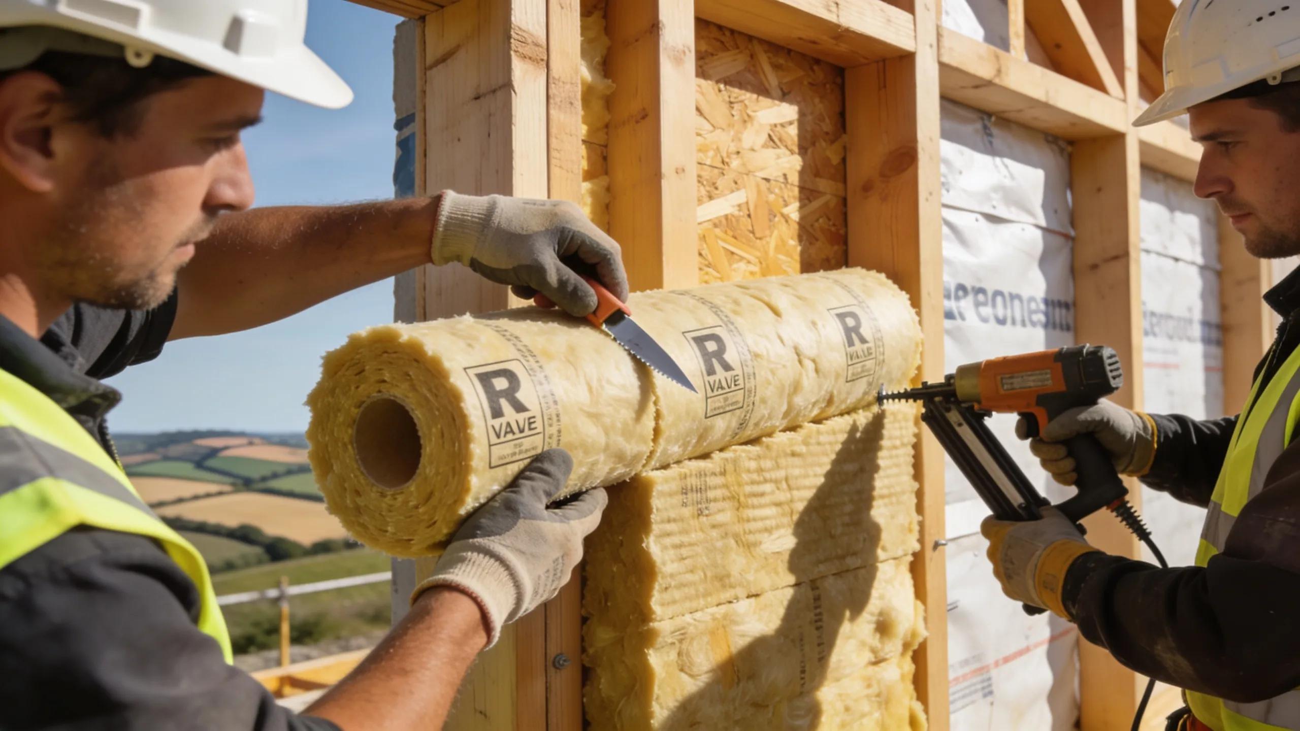Workers installing thermal insulation on a home in Normandy, emphasizing effective energy renovation techniques