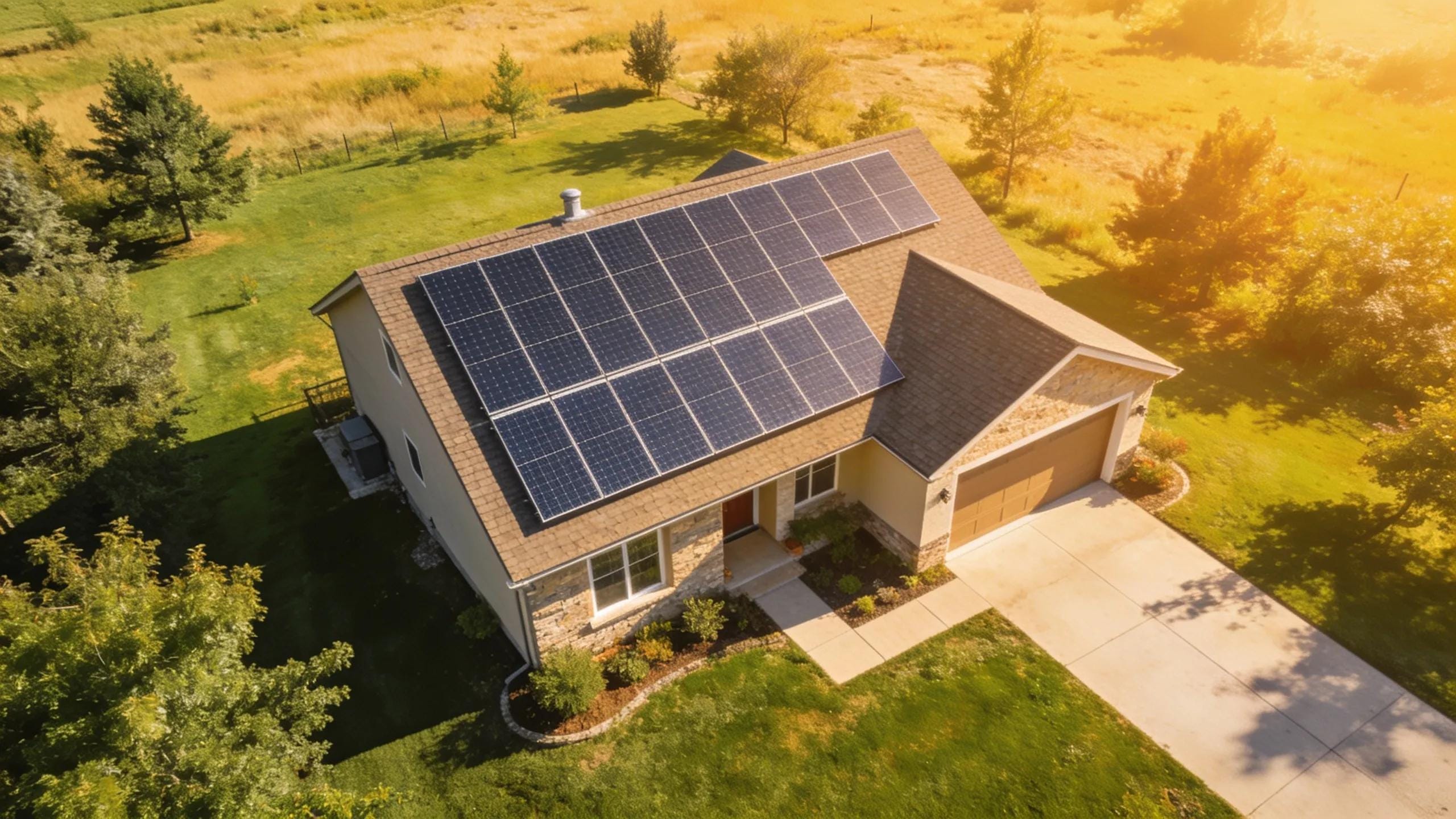 Aerial view of a house with solar panels reflecting sustainability and energy efficiency