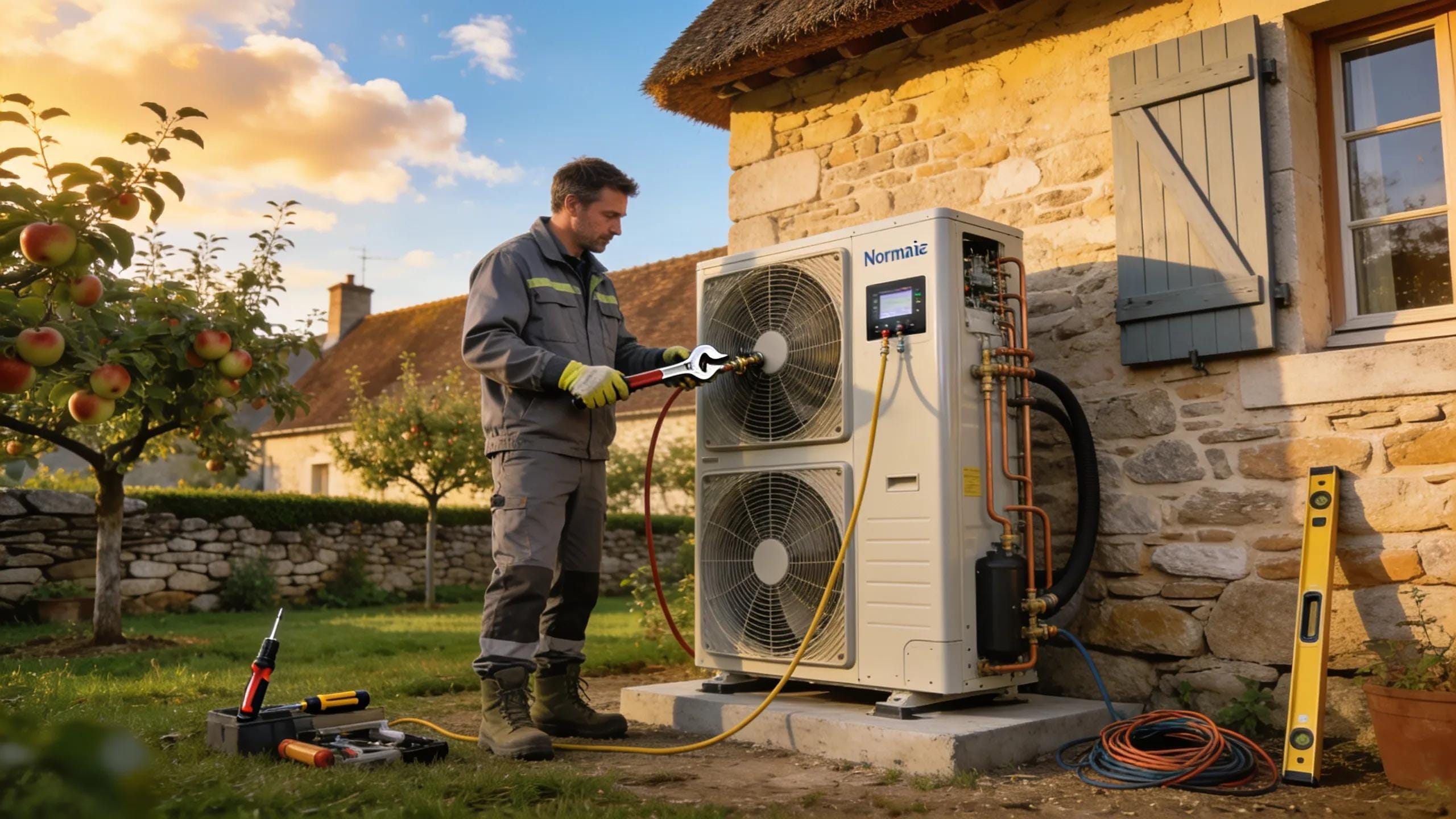 Technician installing air-to-water heat pump in a Normandy home, highlighting energy efficiency