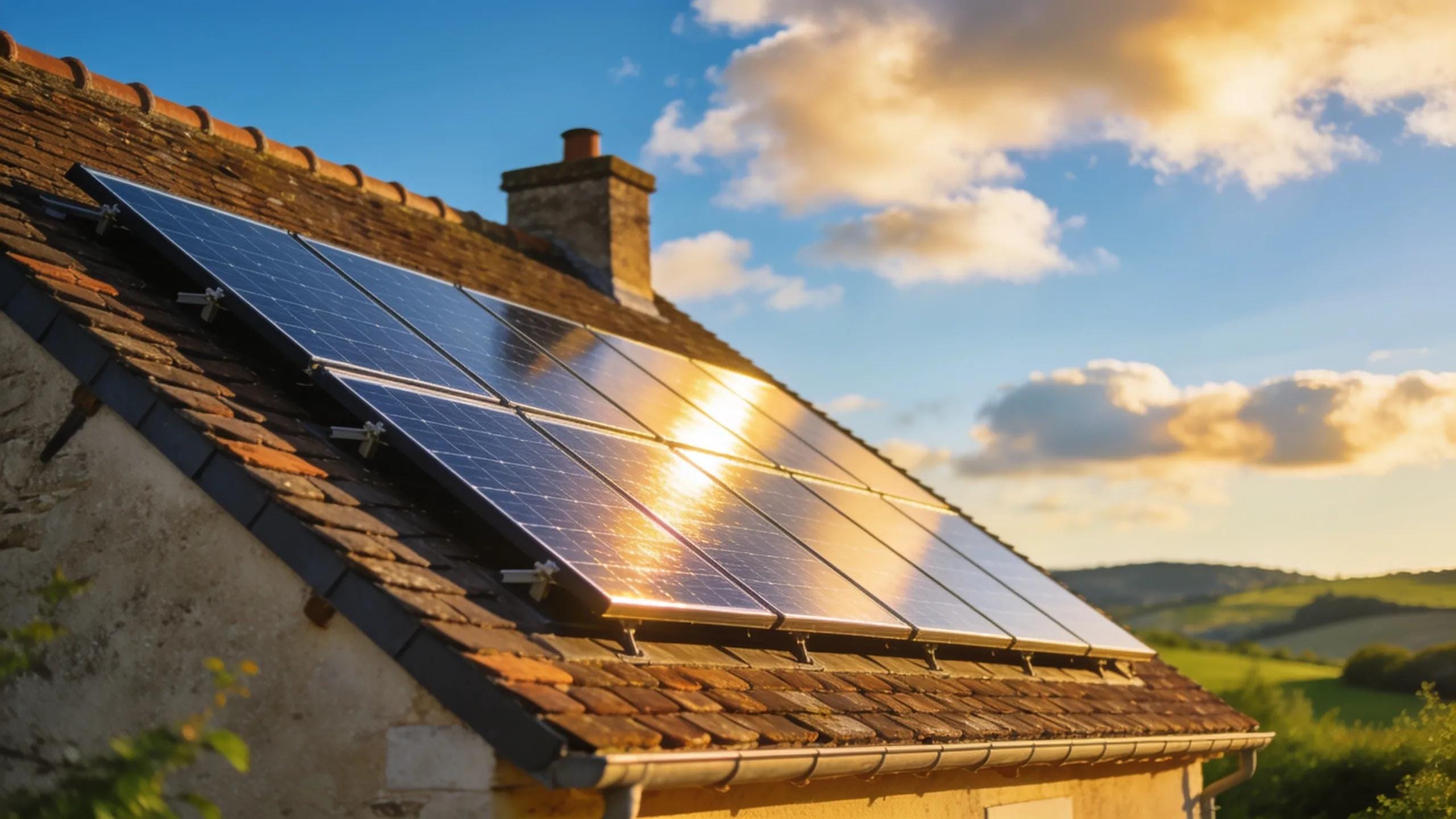 Newly installed photovoltaic solar panels on a Normandy house, demonstrating renewable energy