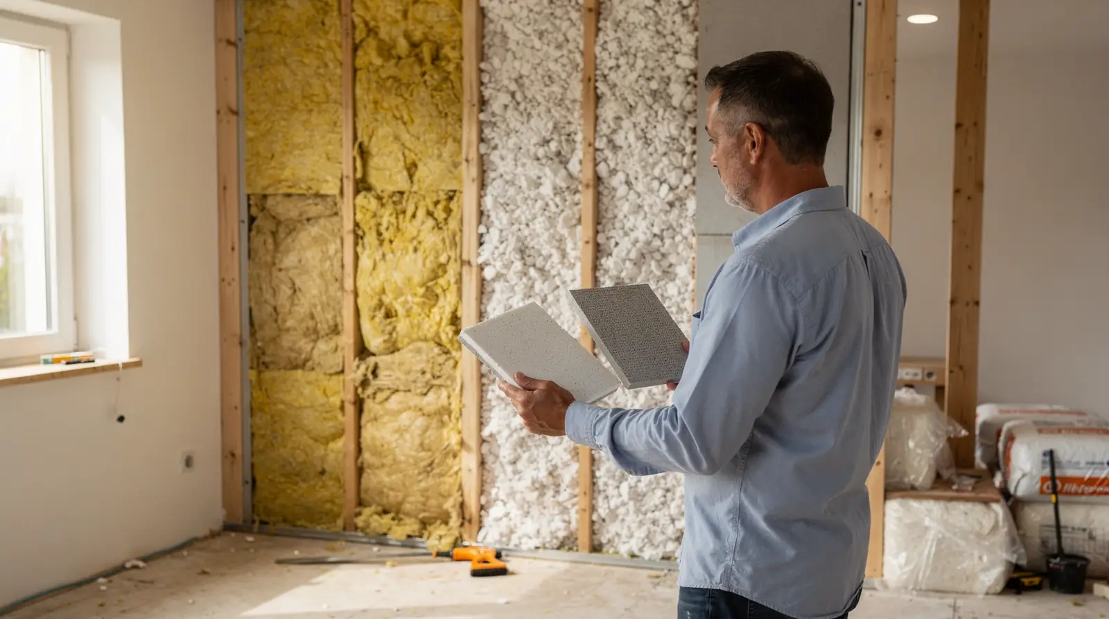 Homme examinant l'isolation thermique d'une façade, solution d'isolation pour les logements à Cherbourg.